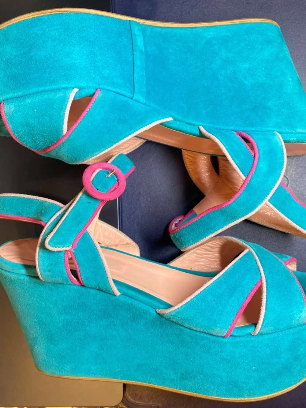 Studio Pollini Italy Turquoise Suede Colorblock Platform Wedge Sandals 38 US 8